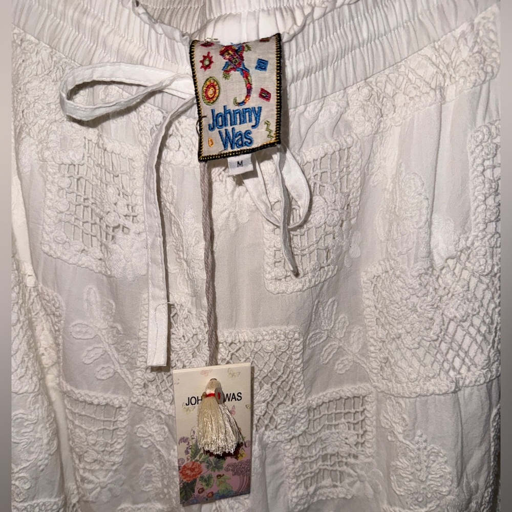 Johnny Was Monic Pant White Embroidered Pants with Fringe Hem - Picture 2 of 5